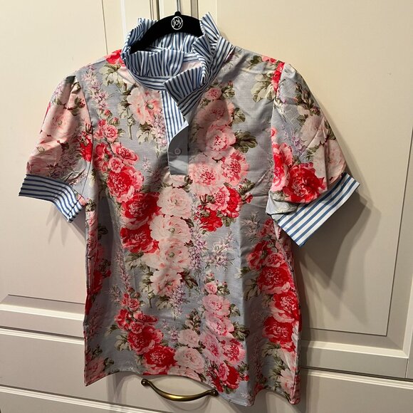 Blue, Pink & White Floral Bubble Sleeve Top Blouse (S) VERY CUTE! - Picture 2 of 10